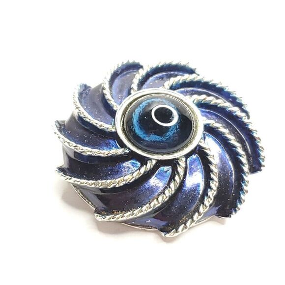Avon Moonwind Round Enamel Jelly Belly Floral Brooch Scarf Clip Blue Swirl - Picture 4 of 6